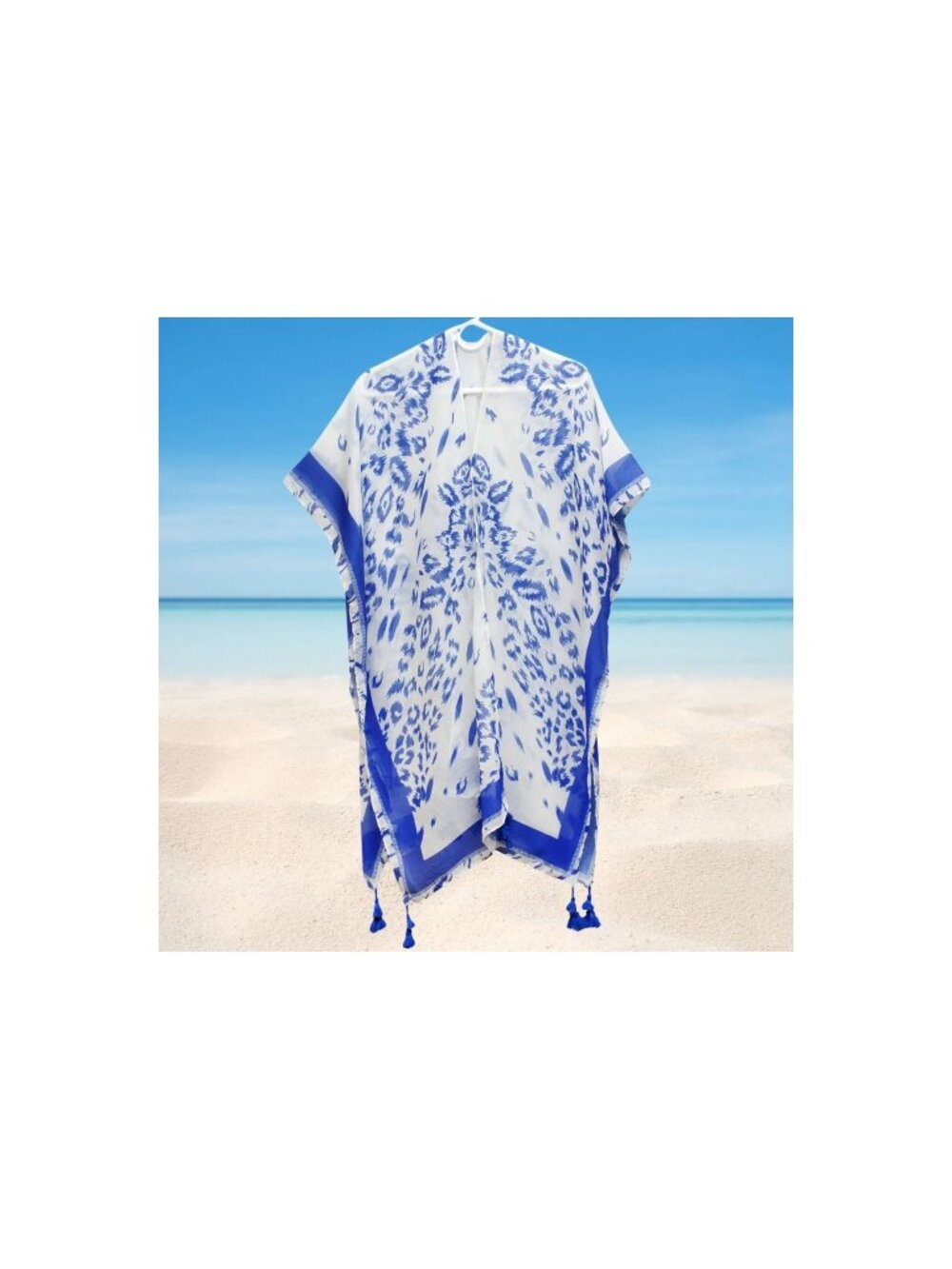 Blue & White Beachwear Kimono Cover-Up Tassels Leopard Cruise Vacation Boho New